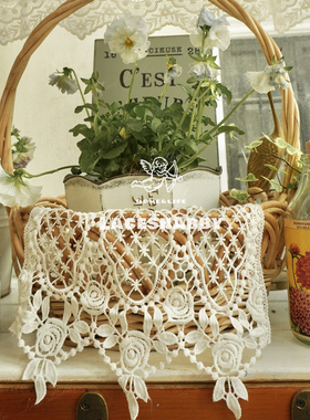 太浪漫了！LACESHABBY法式中古风镂空玫瑰蕾丝白色盖巾桌布垫子