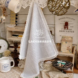 LACESHABBY治愈系家居法式 蕾丝棉麻蓝色条纹方形餐巾盖巾 复古风格