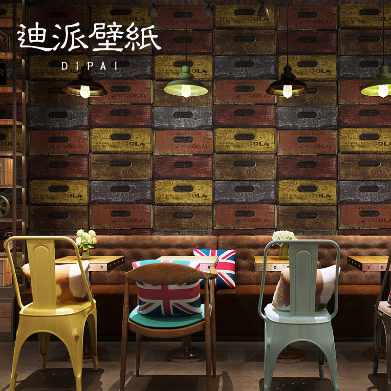 复古木纹墙纸店铺装修木箱抽屉字母餐厅饭店服装店工业风壁纸仿木