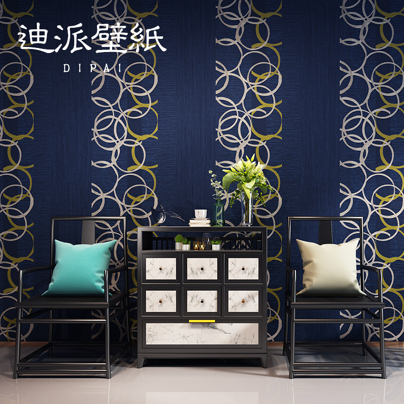 中式蓝色红色圆圈布纹亚麻条纹墙纸北欧客厅卧室饭店背景壁纸国潮