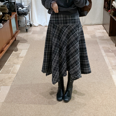 Y.JIA 伊嘉-秋冬韩系灰格不规则复古高腰显瘦半身裙3397-55