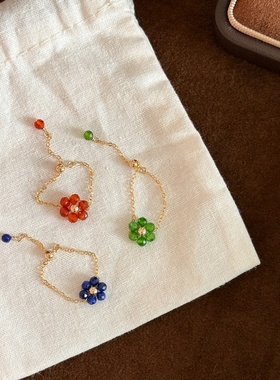 天然玛瑙青金石14k包金可调戒指