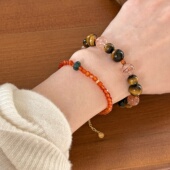 新中式 国风纯银天然虎眼石红玛瑙翡翠手串招米超七水晶手饰女