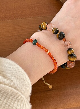 新中式国风纯银天然虎眼石红玛瑙翡翠手串招米超七水晶手饰女