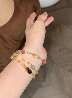 天然黄水晶金发晶三圈多宝手串