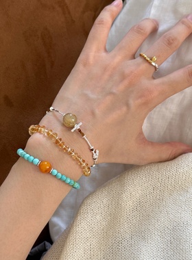 新中式复古绿松石天然蜜蜡隔片手串简约大气细款叠戴百搭高级手饰