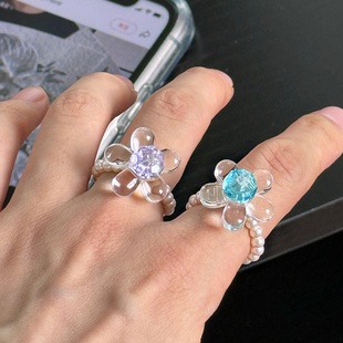 韩系ins百搭琉璃小花蓝紫优化水晶珍珠戒指弹力食指戒透明清冷感