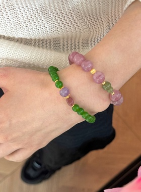 新中式天然紫马粉碧玉葫芦手链