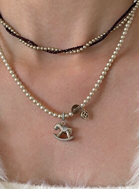 异彩法式复古双层珍珠毛衣项链