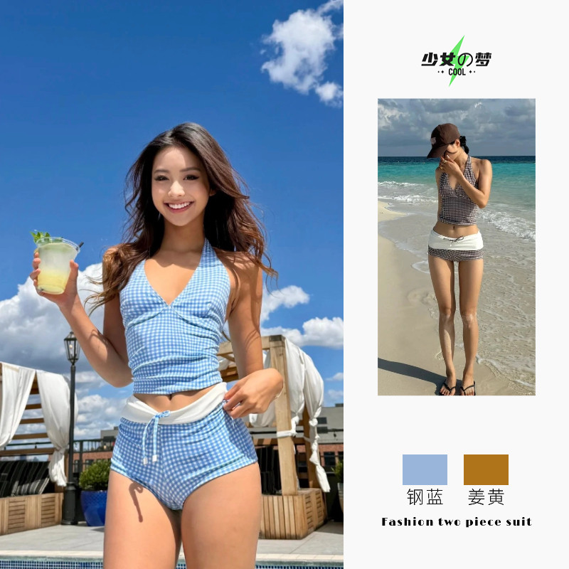 复古欧美风黑皮2025新款泳衣女分体高腰度假泡温泉聚拢性感比基尼