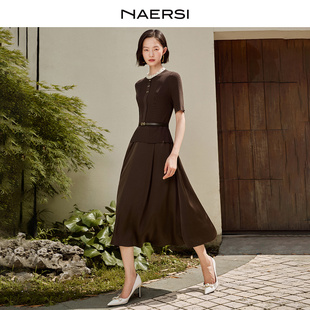 NAERSI娜尔思蝴蝶结扣饰通勤收腰修身显瘦连衣裙夏季裙子(配腰带)