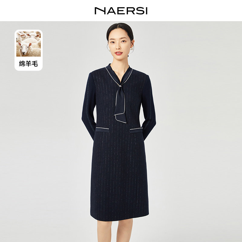 【绵羊毛】NAERSI/娜尔思气质系带领条纹连衣裙女25春季A字