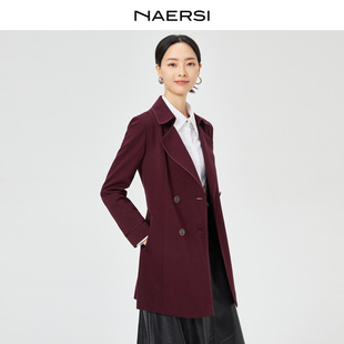 NAERSI娜尔思气质双排扣红色中长款 饰开秋外套 风衣女2025珠链装