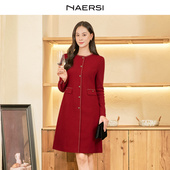 新款 NAERSI娜尔思气质优雅红色连衣裙女时尚 百搭26春季 A字中长裙
