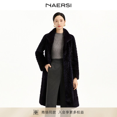 NAERSI娜尔思商场同款水貂毛皮皮草手工水貂羊皮逐条拼型25冬新款