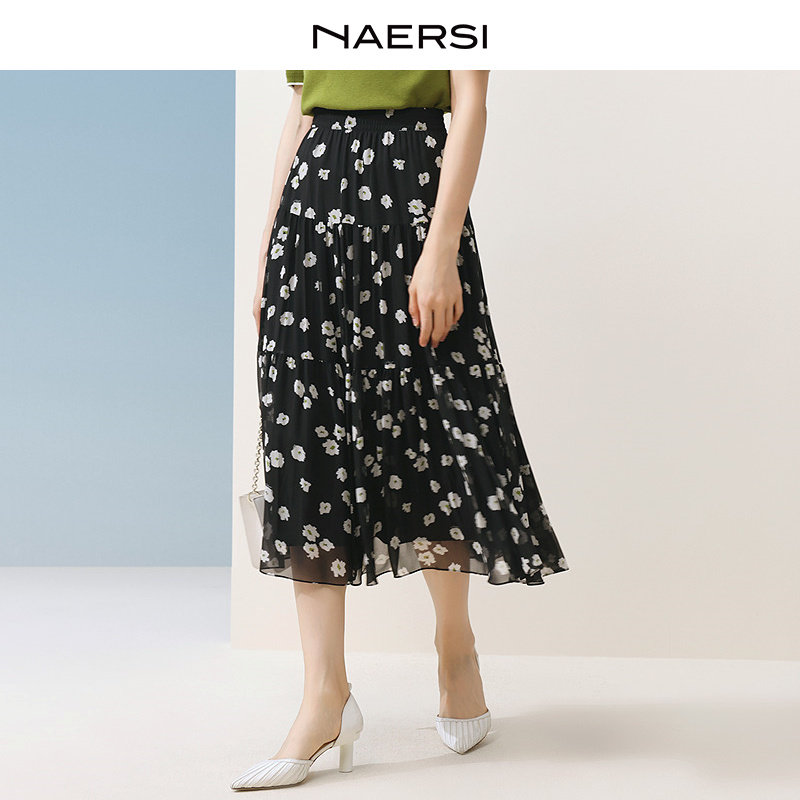 NAERSI/娜尔思简约气质黑色碎花半身裙女2025年夏季新款A