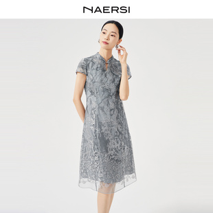 娜尔思夏气质蕾丝印花连衣裙中长改良旗袍裙 NAERSI 新中式