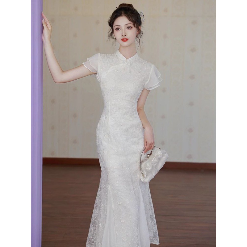 新中式旗袍鱼尾裙子小礼服轻婚纱日常可穿夏季白色连衣裙女感