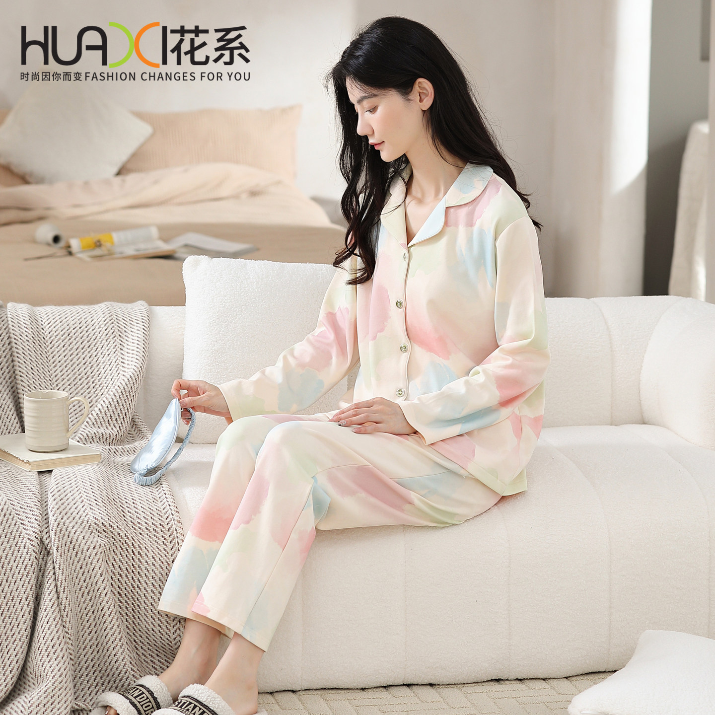 花系纯棉女睡衣套装开衫衬衫领