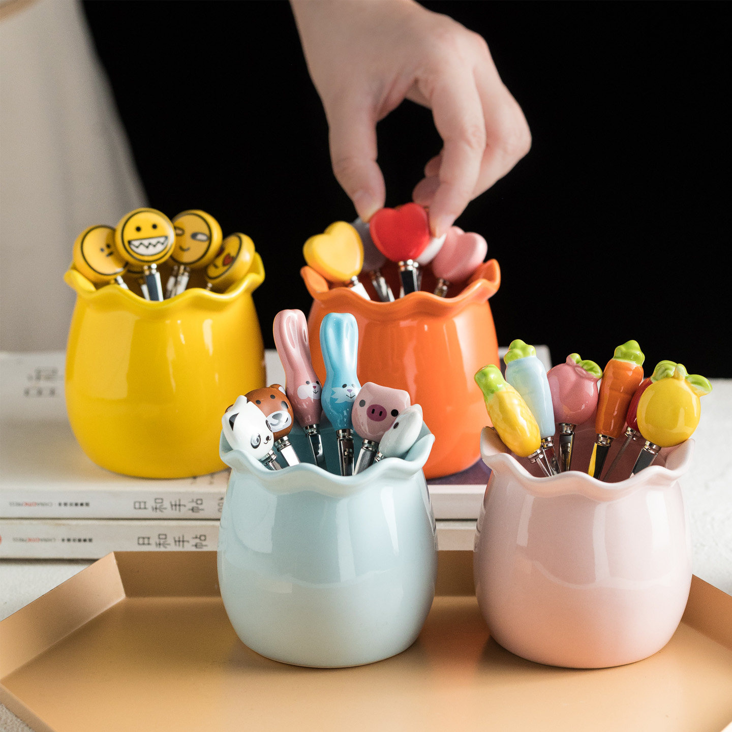 高颜值陶瓷水果叉子套装儿童安全带收纳罐高端创意可爱水果签家用,餐饮具,水果叉/水果签,淘宝优惠券,粉丝福利购,淘宝优惠卷