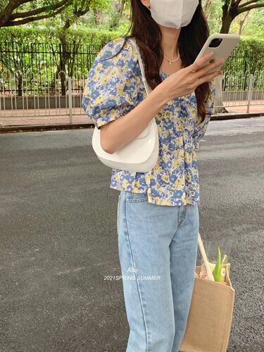 温柔风方领碎花衬衣0套头短款