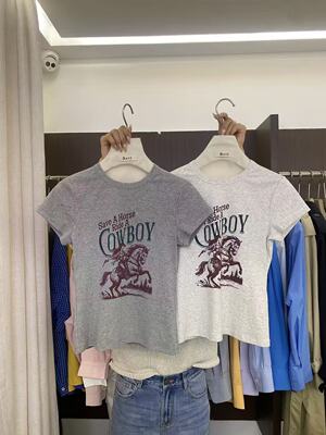 十三行高货小版T恤2026早春新款Revi复古印花圆领正肩短款上衣女