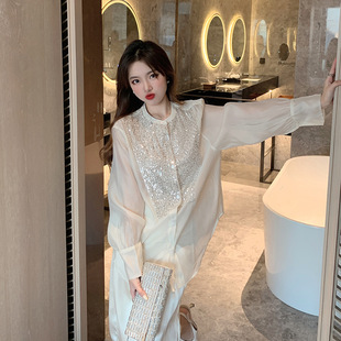 宽松上衣女轻透高级感衬衣女 月光碎石 重工轻奢亮片拼接衬衫