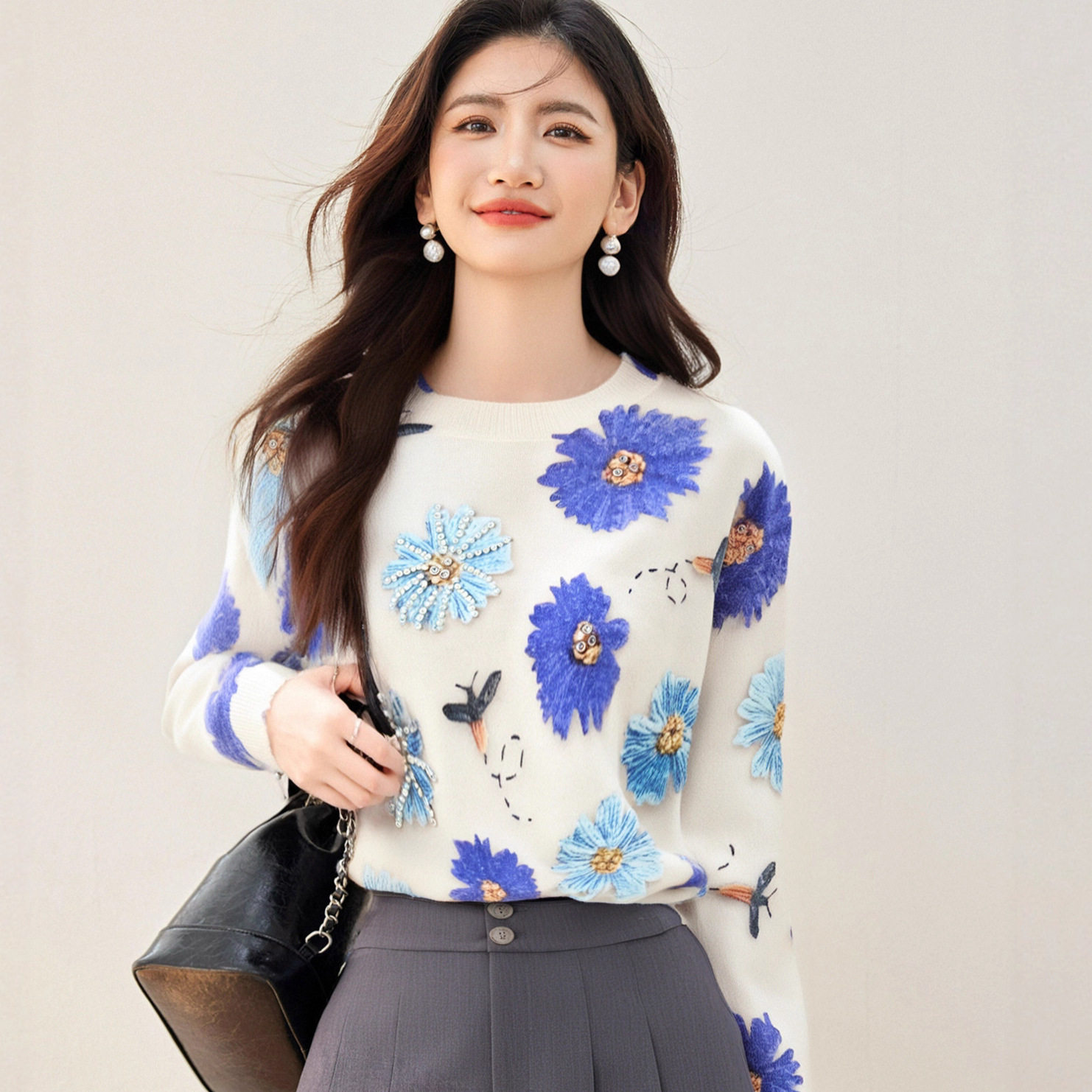 R9089印花针织毛衣女宽松打底显瘦上衣厂家小众品牌女装