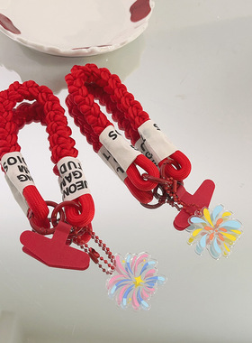 创意ins橙黄色烟花亚克力挂坠手机壳挂绳麻花绳腕带式手机壳通用