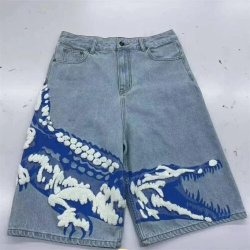 Patterned shorts - high-waisted and loose fit - jeans
