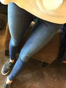 Áo của mẹ mẫu áo vụ nổ Ý c nhà cỡ lớn co giãn màu xanh cao đến quần legging jeans siêu mỏng có thể mặc - Quần tây thường