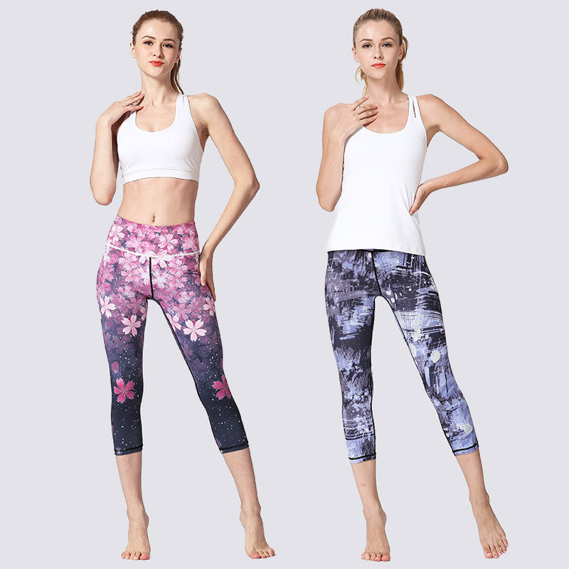 瑜伽裤新款樱花印花高腰提臀运动健身高弹速干紧身跑步大码女包邮