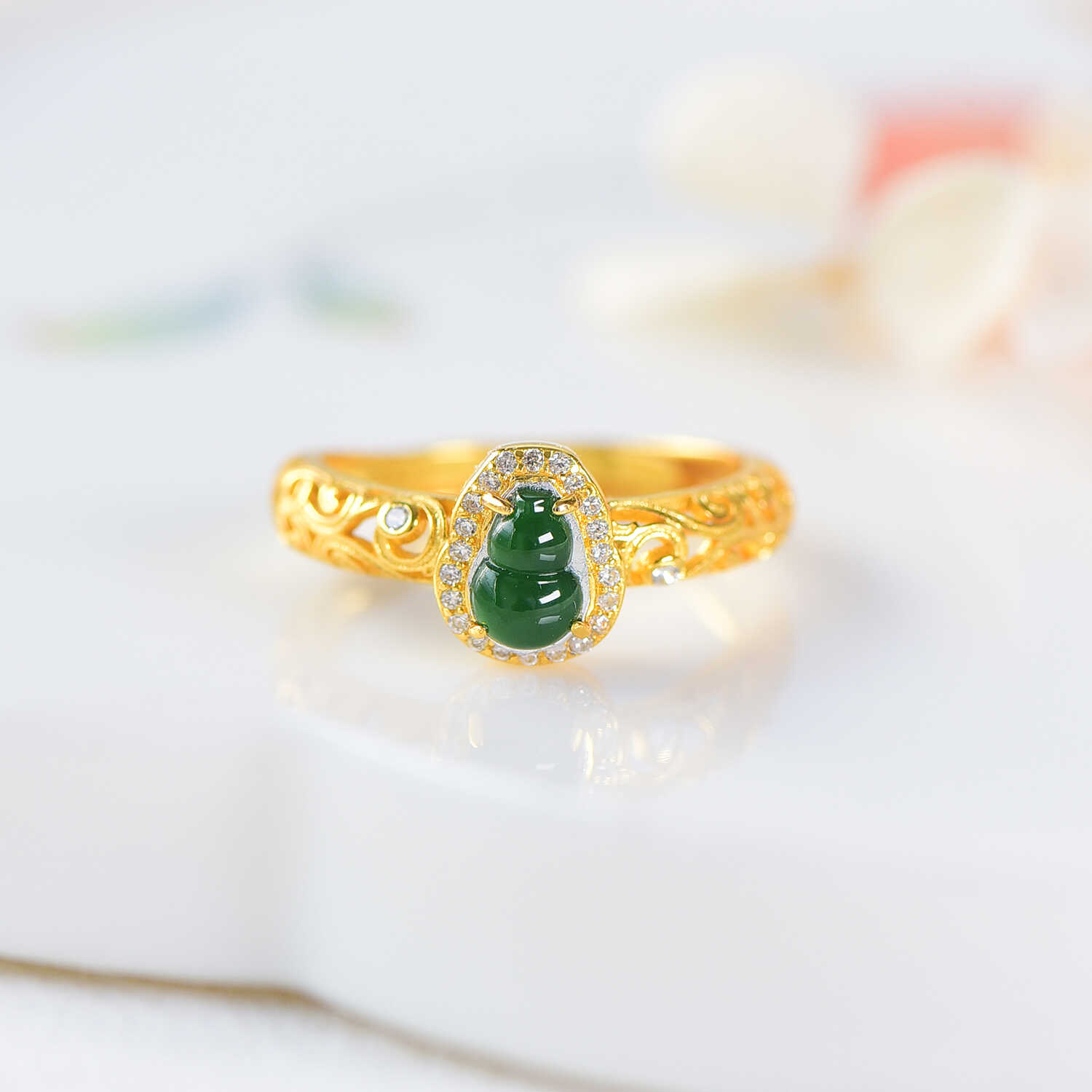 【翠禧珠宝】天然A货翡翠葫芦戒指S925银镶嵌女款宫廷风精致银戒