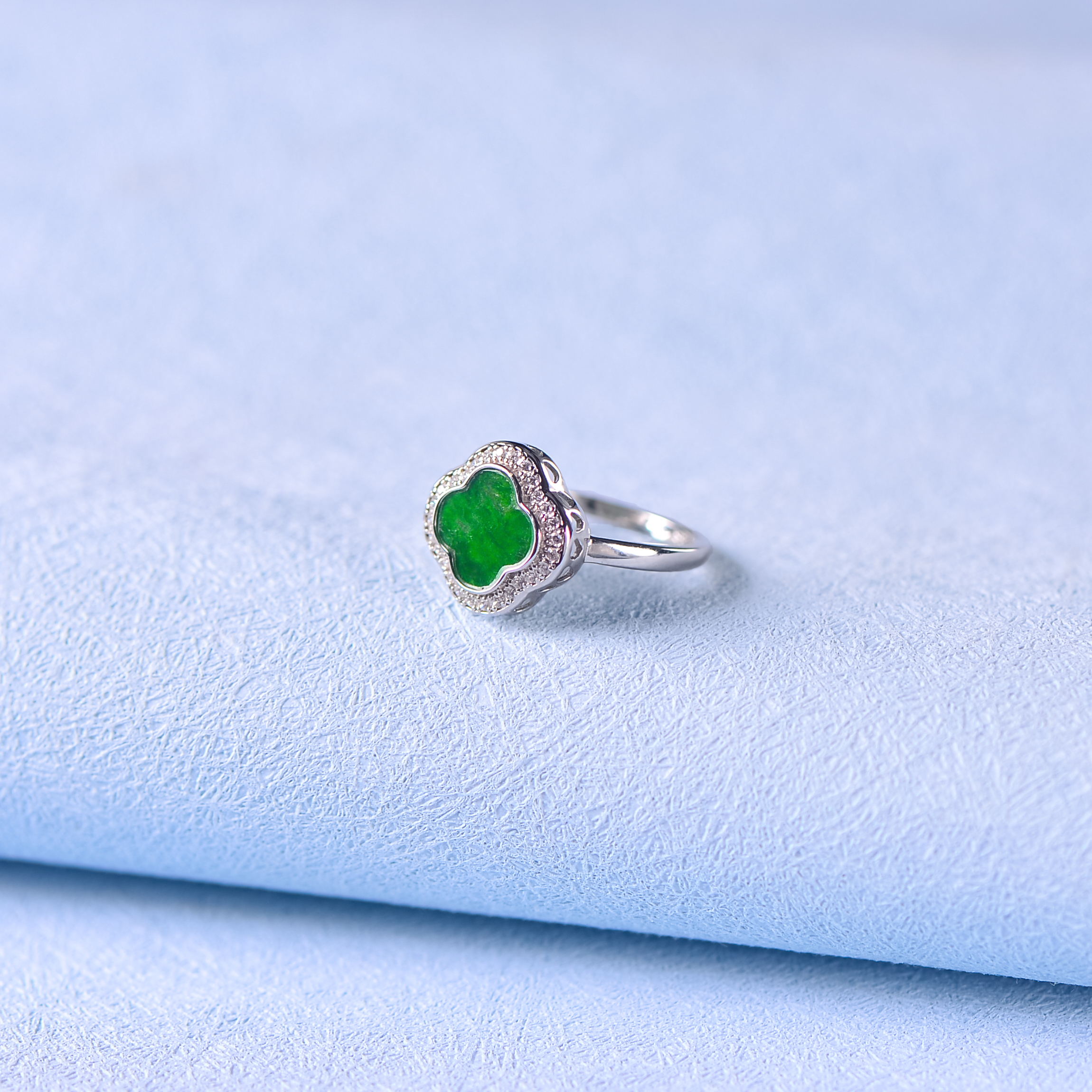 【翠禧珠宝】天然A货翡翠幸运四叶草戒指925银镶女士时尚轻奢首饰