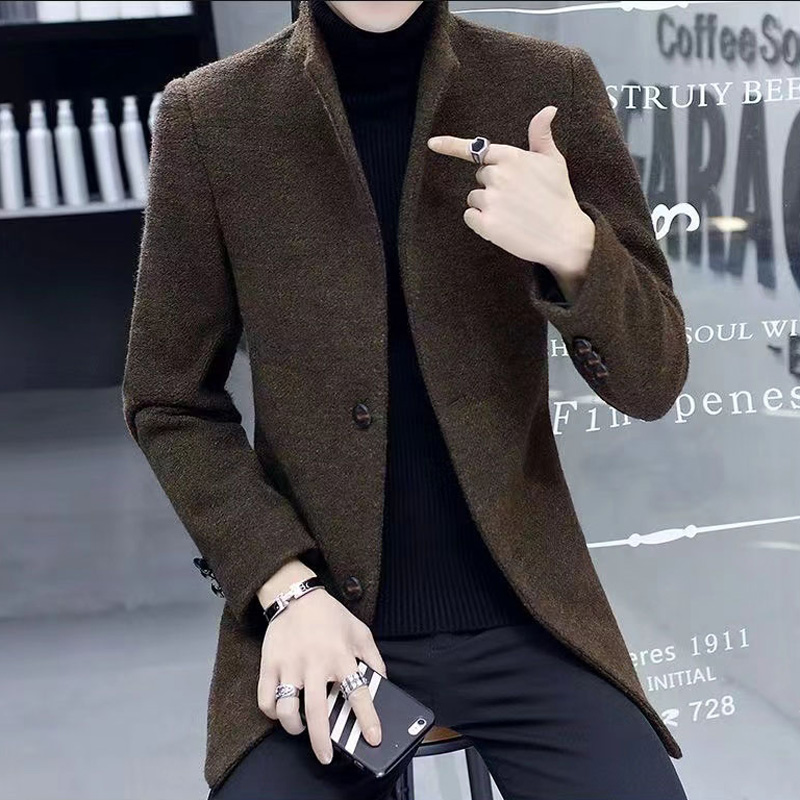 2023秋冬新款羊毛呢大衣男短款风衣加厚英伦修身潮流呢子外套男