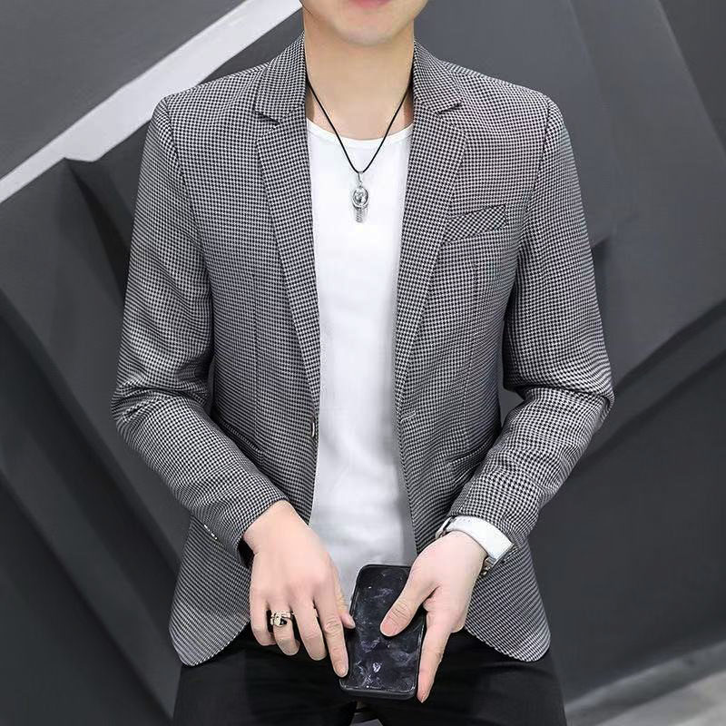 男士千鸟格西装春秋季潮流修身单西上衣韩版休闲便装西服时尚外套