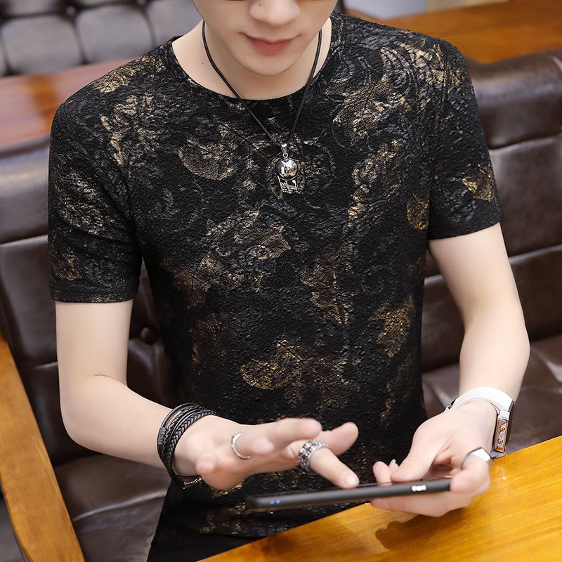 潮牌短袖T恤男圓領個性薄款韓版修身真絲桑蠶絲燙金印花半袖男裝在類目 男裝, T恤中 - 來自Buy2taobao.com提供專業的淘寶代購服務