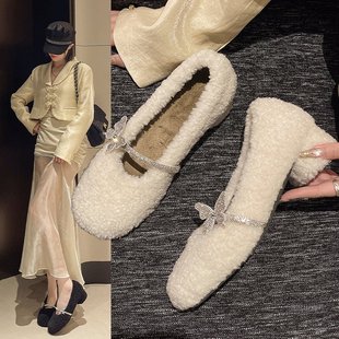 秋冬加绒毛毛鞋女豆豆鞋外穿保暖2024新款中跟玛丽珍粗跟单鞋女