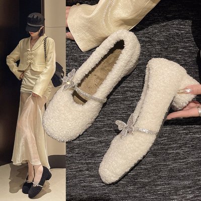 秋冬加绒毛毛鞋女豆豆鞋外穿保暖2024新款中跟玛丽珍粗跟单鞋女