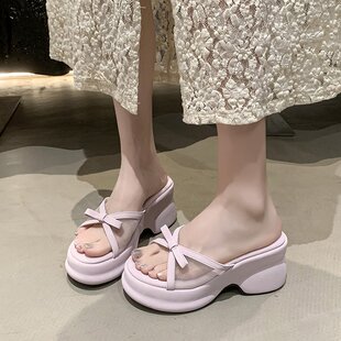 仙女风网纱透气蝴蝶结厚底凉拖鞋女休闲百搭舒适坡跟一字凉拖外穿