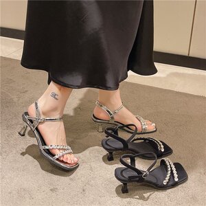 仙女风细跟露趾高跟鞋女2024年新款气质百搭配裙子水钻一字带凉鞋