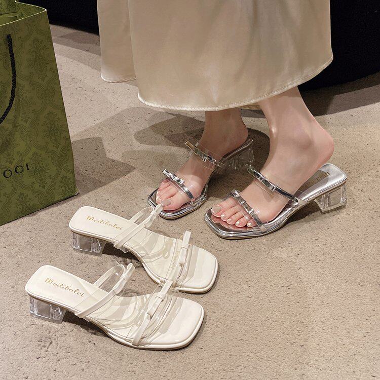 粗跟凉鞋女2026新款仙女风外穿踩屎感懒人拖鞋蝴蝶结露趾高跟鞋夏