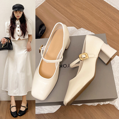 玛丽珍女鞋2025年春夏新款百搭中跟方头浅口高跟鞋粗跟一字带单鞋