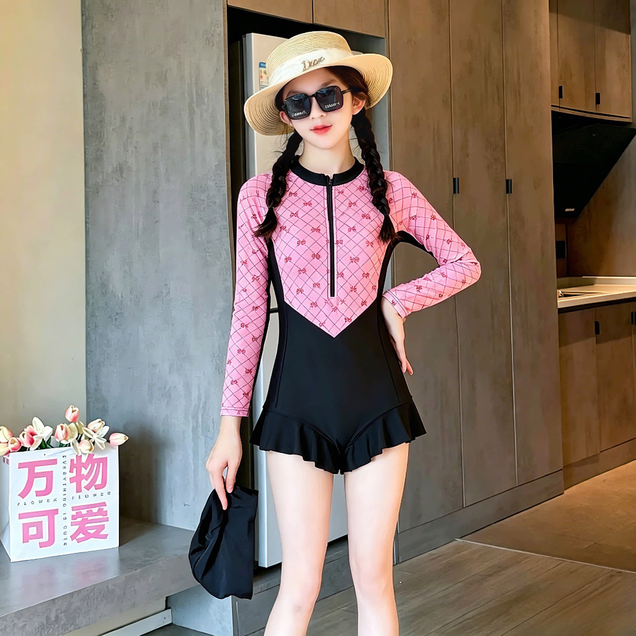 女童泳衣夏季长袖防晒新款时尚洋气中大童女孩度假速干泳装泳服