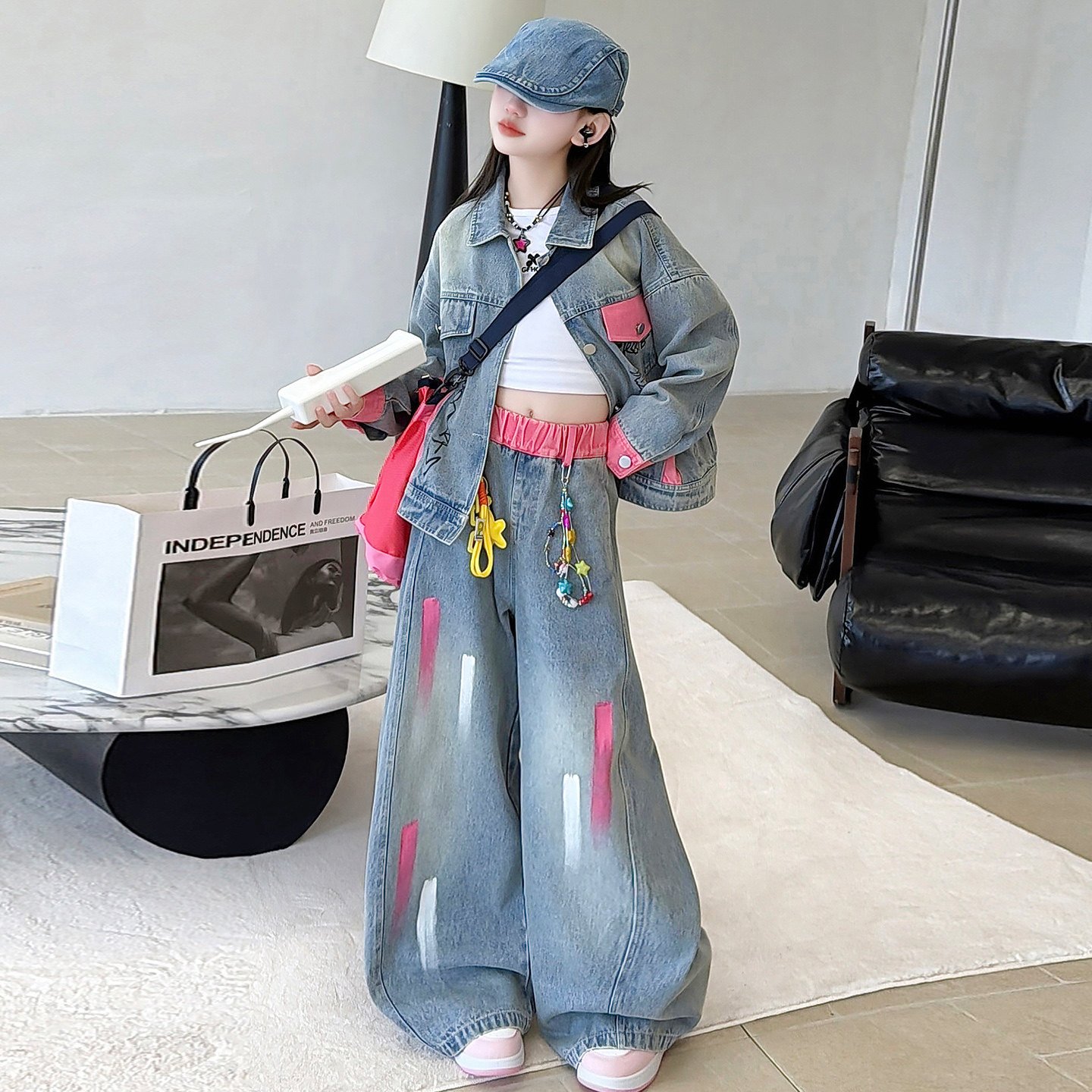 女童秋装牛仔套装新款韩版洋气春秋款中大童女孩外套阔腿裤两件套