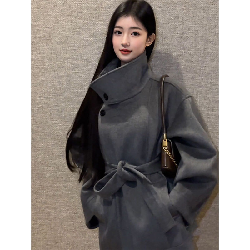 韩系高级感超好看灰色立领毛呢外套短款系带收腰呢子大衣女秋冬