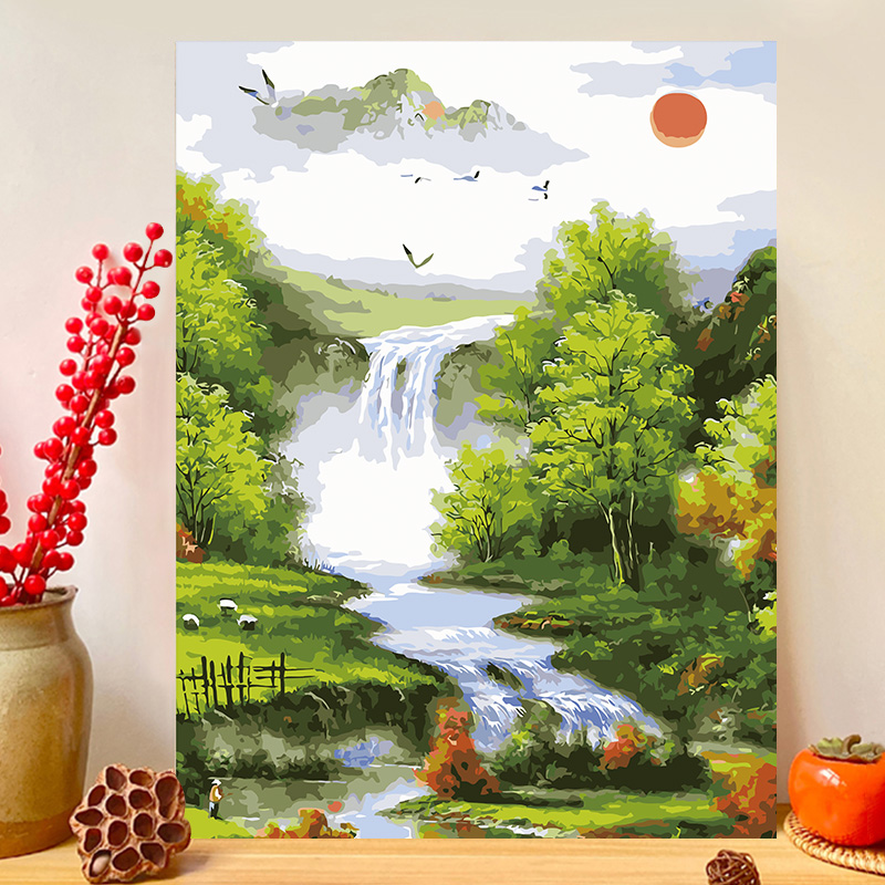 填充数字油画diy填色画山水风景装饰中国风手绘丙烯画手工油彩画