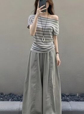 淡人高知穿搭一整套斜肩短袖上衣女2026新款夏季松弛感休闲套装裤