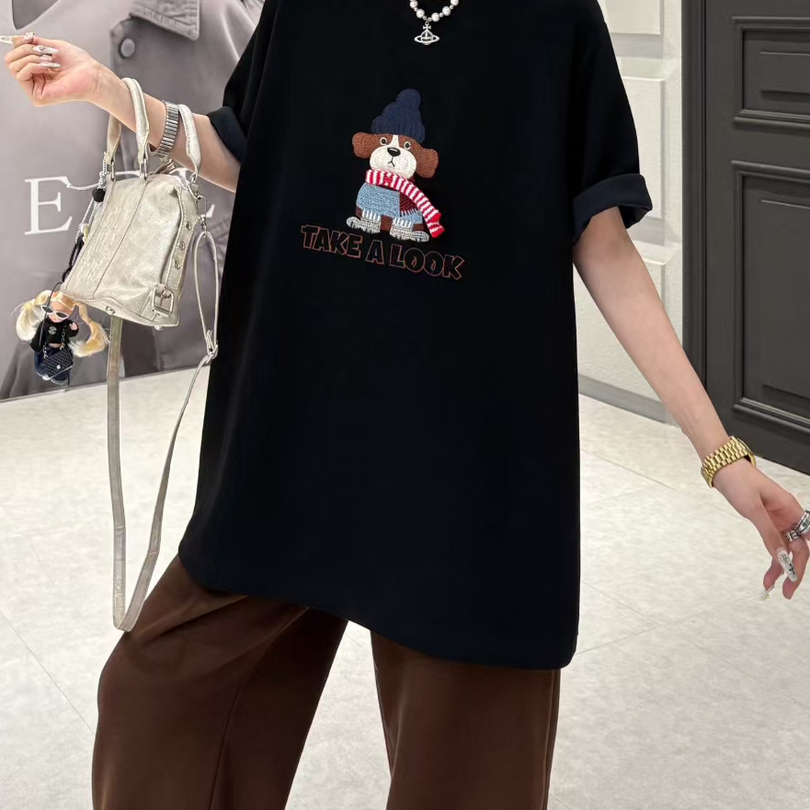 卡通小狗刺绣红色短袖T恤