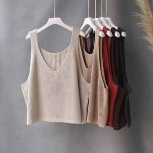 春秋新款文艺V领纯色针织吊带女士休闲宽松毛线背心外穿短款马夹